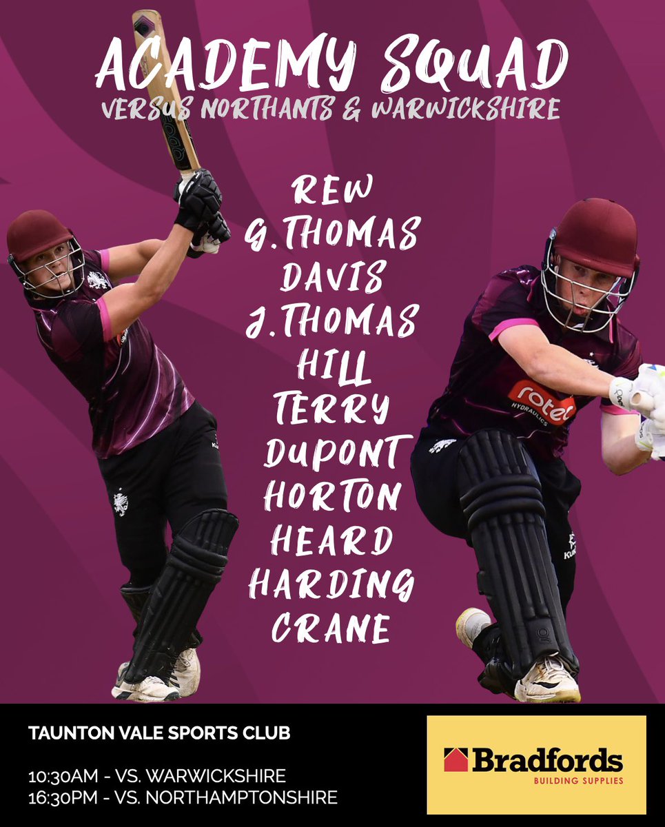 Somerset CCC Boys Pathway (@scccpathway) on Twitter photo ACADEMY / U18 TEAM NEWS ||
<a href="/SCCCPathway/">Somerset CCC Boys Pathway</a> take on Warwickshire and Northamptonshire today at Taunton Vale.
10:30 - Somerset v Warwickshire
13:00 - Warwickshire v Northants
16:30 - Somerset v Northants
Live stream links to follow. ACADEMY / U18 TEAM NEWS ||
<a href="/SCCCPathway/">Somerset CCC Boys Pathway</a> take on Warwickshire and Northamptonshire today at Taunton Vale.
10:30 - Somerset v Warwickshire
13:00 - Warwickshire v Northants
16:30 - Somerset v Northants
Live stream links to follow.