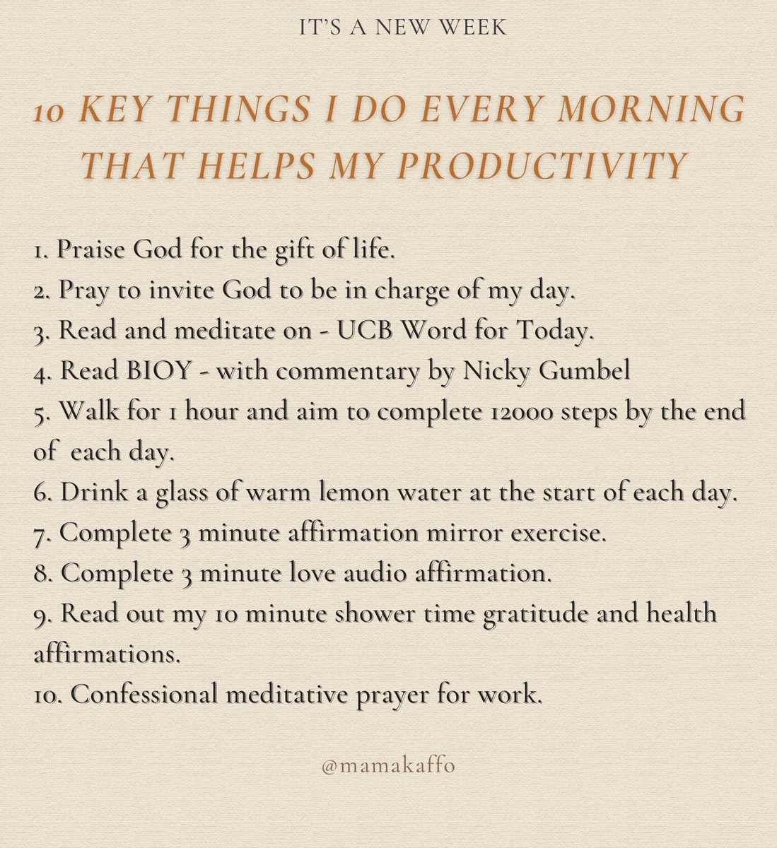 MamaKaffo's tweet photo. #newweek | #morningroutine | #affirmations | #Gratitude | #journaling | #prayer | #praise | #meditation | #walking | #love | #dailydevotion | #EnjoyToday | @BibleinOneYr | @UCBMedia https://t.co/UnCYj9Mznk