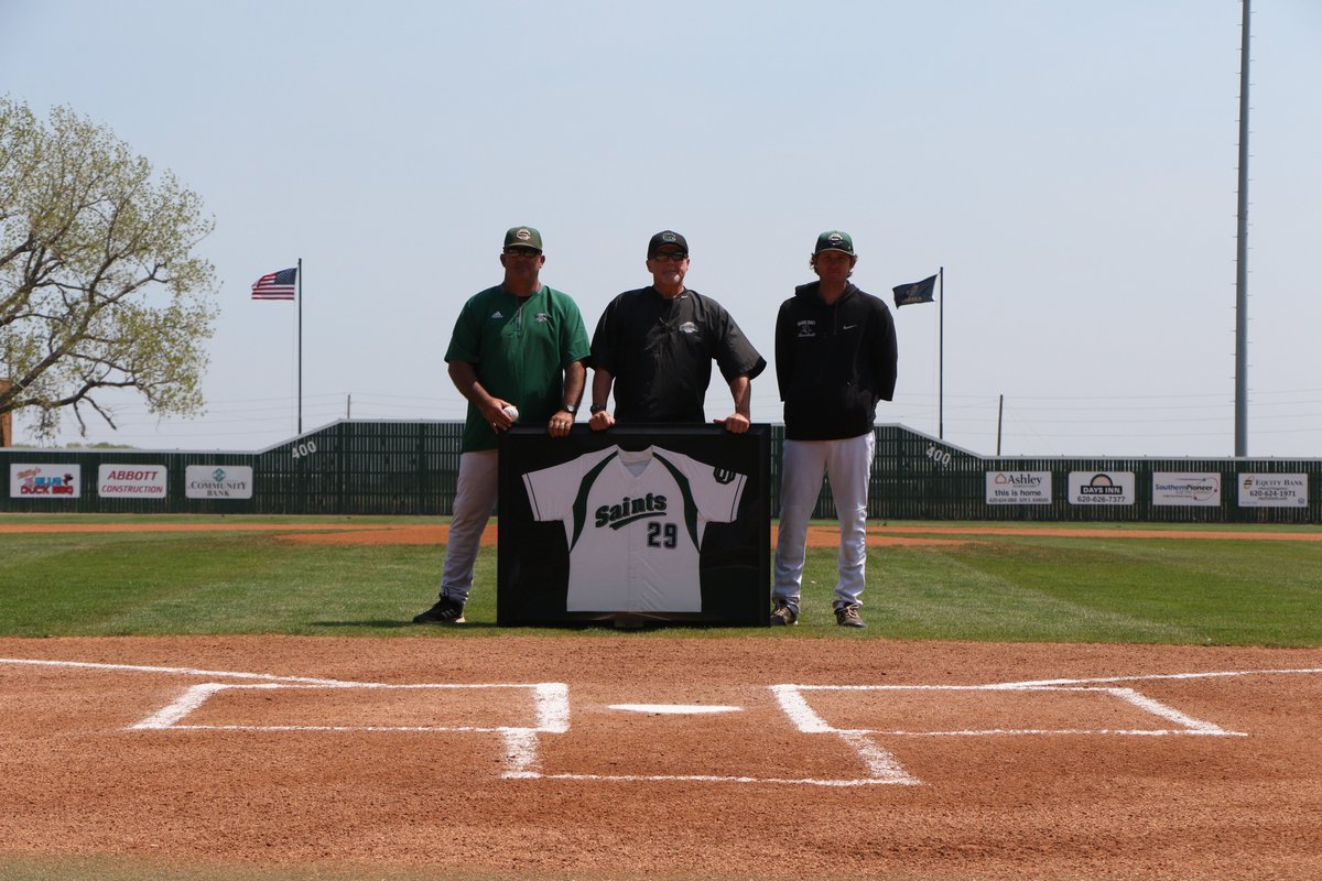 SewardSaints's tweet photo. Galen McSpadden had his #29 jersey retired at Brent Gould Field before today's doubleheader. McSpadden spent 37 years as the head baseball coach for the Saints and 33 years as the Athletic Director at Seward County. Congratulations Coach! #SCCCSaints #GoodToBeGreen https://t.co/LGxL1bou5D