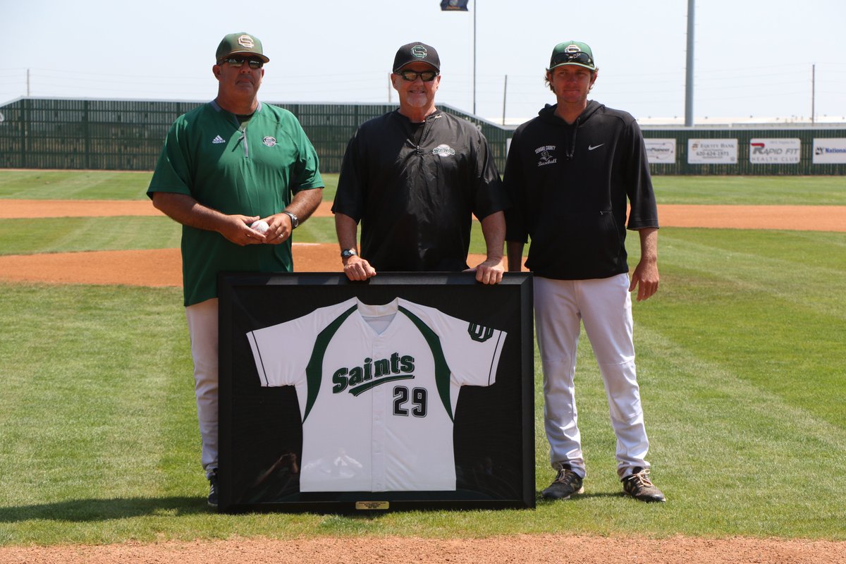 SewardSaints's tweet photo. Galen McSpadden had his #29 jersey retired at Brent Gould Field before today's doubleheader. McSpadden spent 37 years as the head baseball coach for the Saints and 33 years as the Athletic Director at Seward County. Congratulations Coach! #SCCCSaints #GoodToBeGreen https://t.co/LGxL1bou5D