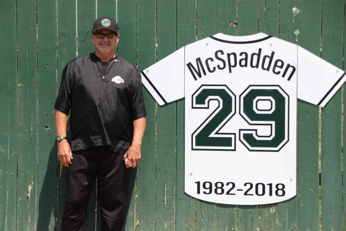 SewardSaints's tweet photo. Galen McSpadden had his #29 jersey retired at Brent Gould Field before today's doubleheader. McSpadden spent 37 years as the head baseball coach for the Saints and 33 years as the Athletic Director at Seward County. Congratulations Coach! #SCCCSaints #GoodToBeGreen https://t.co/LGxL1bou5D