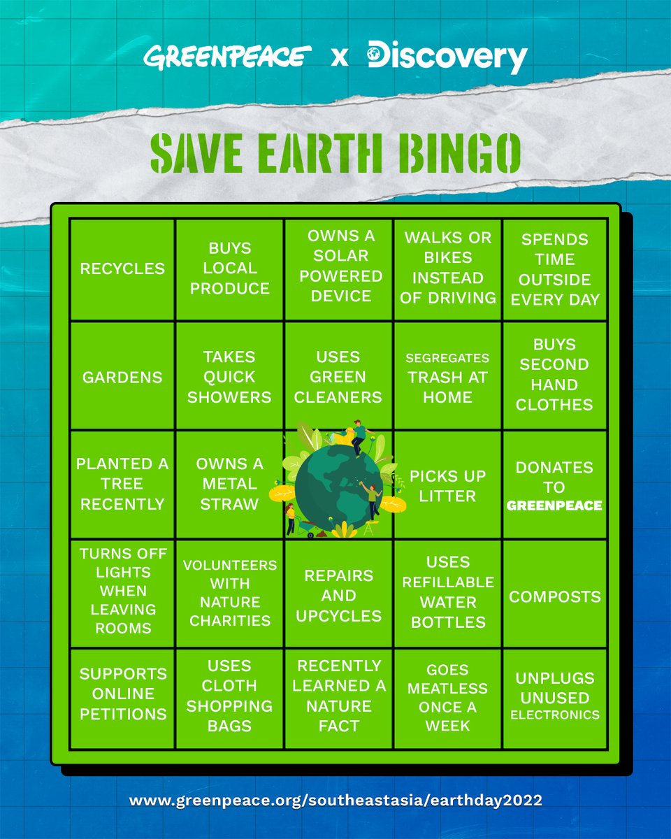 GreenpeaceSEA's tweet photo. Whoโs up for a game of Bingo?๐๐ป
How many boxes can you mark as done? ๐
How many boxes are left for you to take action on?๐ง
Itโs never too late to start living more sustainably. ๐
Learn more>> https://t.co/kCtmdNR8Sm
#EarthDayEveryday #SayNo2Plastics
#BreakFreeFromPlastic https://t.co/rJI7uTF2iU