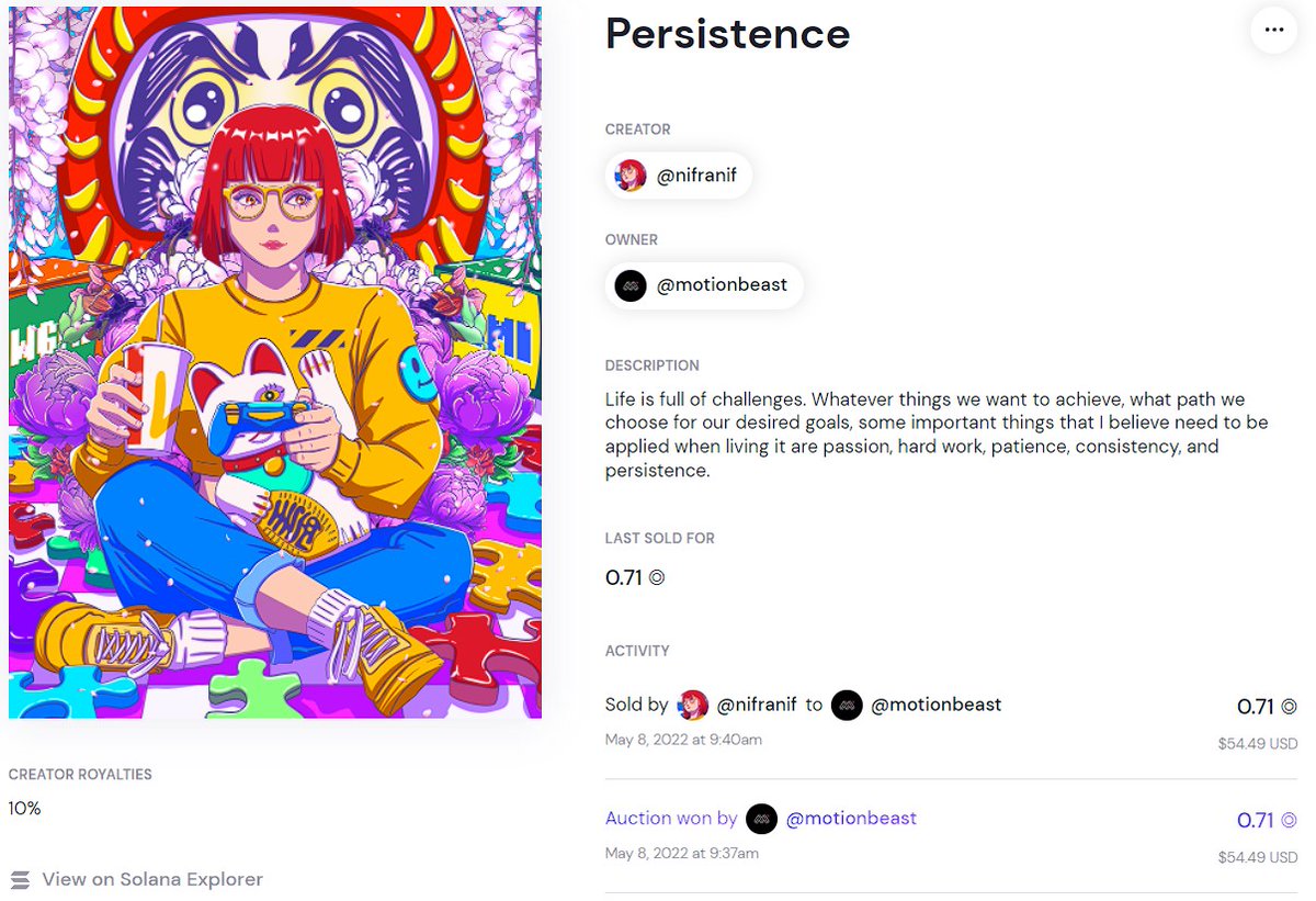 nifranif_'s tweet photo. Auction end ✨

Persistence found a new home. @motionbeast won the auction. Congrats, and thank you so much. It means a lot to me. 

Also, thank you so much to everyone for the like and retweet.

#NFTs #NFTCommunity #formfunction #SolanaNFTs https://t.co/IA462GZnjS