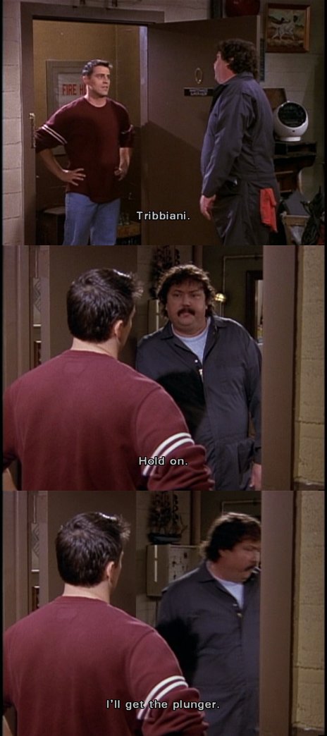 friends_quotes1's tweet photo. #MrTreeger: Tribbiani! Hold on, I’ll get the plunger.
Joey: Hey! You hold on pal! Now you made my friend Rachel cry.
#TheOneWithTheBallroomDancing #4x04 #MikeHagerty https://t.co/8IA9PRtTOF