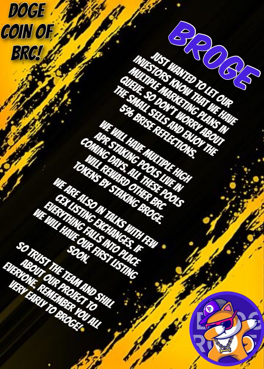 BrogeOfficial's tweet photo. Here’s an update from team on upcoming plans for #Broge. Get in 🔜 before the next pump kicks in. We are here to stay! @bitgertbrise @bitgertNews @SphynxLabs @BitGert_India #Bitgert #BRC20 #Bitgertcommunity #Bitgertarmy  
#bitgert #BriseZilla #100x #staking #Doken #MixedReality https://t.co/bo3PeU4dON