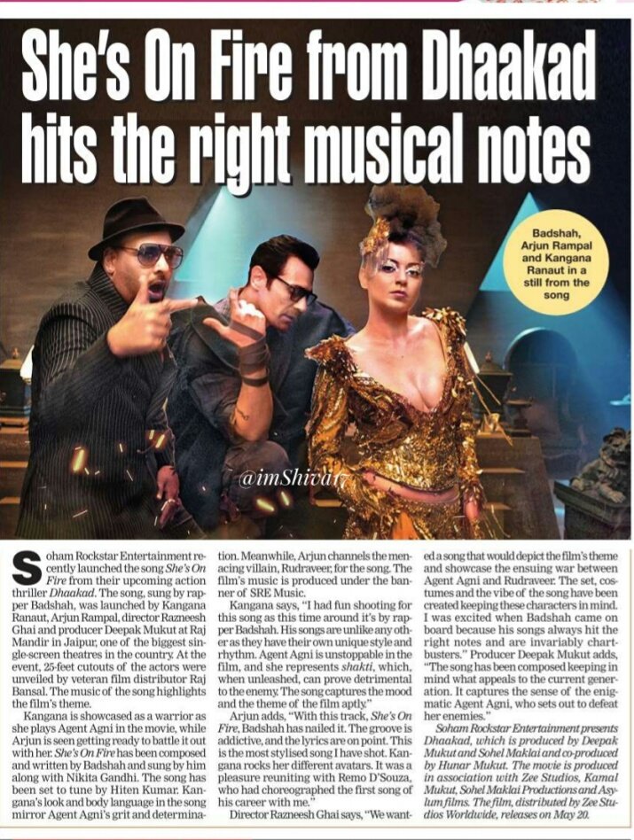 imshiva17's tweet photo. #SheIsOnFire from #Dhaakad 
 hits the right musical notes 

#ShilpaShetty praises #Kangana
  for the new 'Dhaakad' 
song 'She's On Fire 

#KanganaRanaut #Badshah
#ArjunRampal #dhaakadkangana https://t.co/JlYD7DWSVl