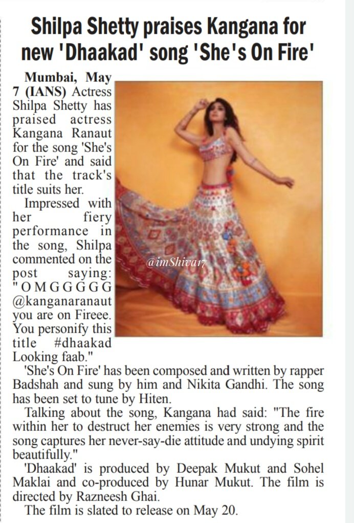 imshiva17's tweet photo. #SheIsOnFire from #Dhaakad 
 hits the right musical notes 

#ShilpaShetty praises #Kangana
  for the new 'Dhaakad' 
song 'She's On Fire 

#KanganaRanaut #Badshah
#ArjunRampal #dhaakadkangana https://t.co/JlYD7DWSVl