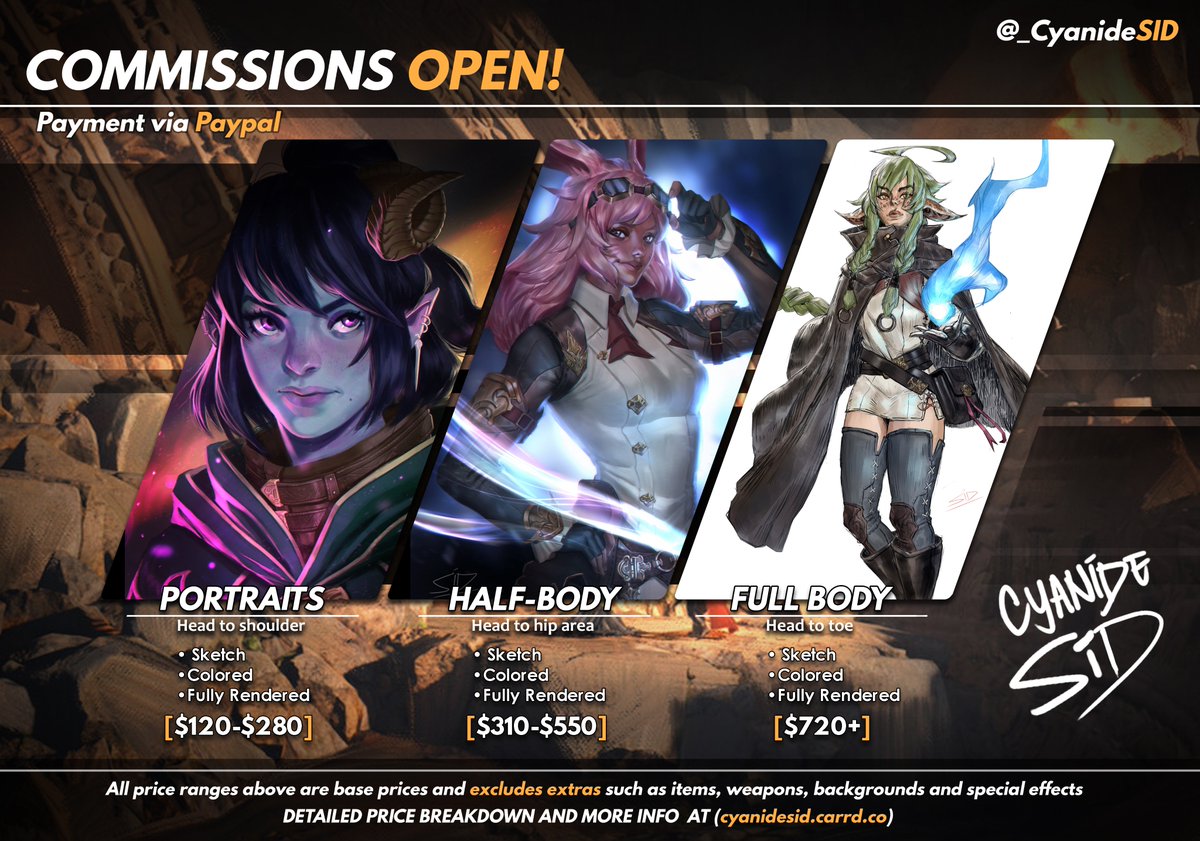 Hello World!

I'm finally opening commissions!
For questions and inquiries please shoot me a DM

You can find more information on commission price breakdowns and process here:
cyanidesid.carrd.co

#ArtistOnTwitter   #commissionsopen #ffxivcommission #FF14art #FFXIV