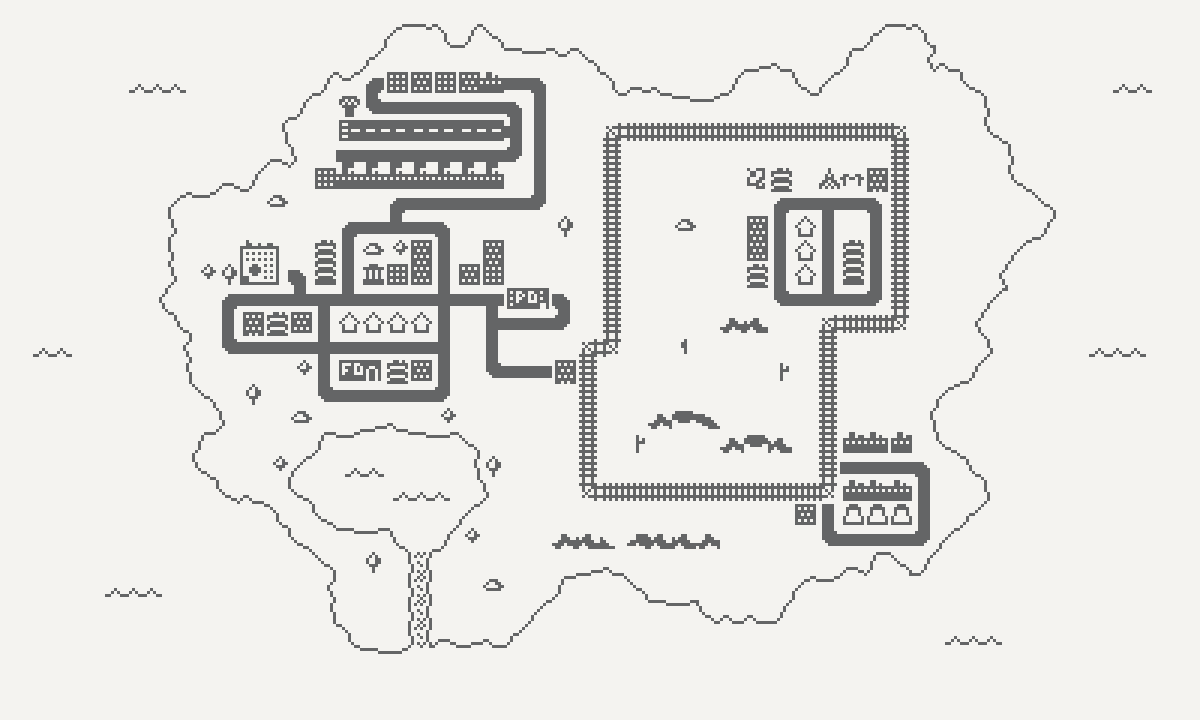 LittleBitLatte's tweet photo. #PlayDate-style concept of a minimalist tiny island city-building game. So, 1-bit, 400x240 resolution. On an actual PlayDate everything would be minuscule, perhaps requiring a zoom button...

Made with #LDtk by @deepnightfr. 

#PixelArt #1Bit https://t.co/eDas0QIepU