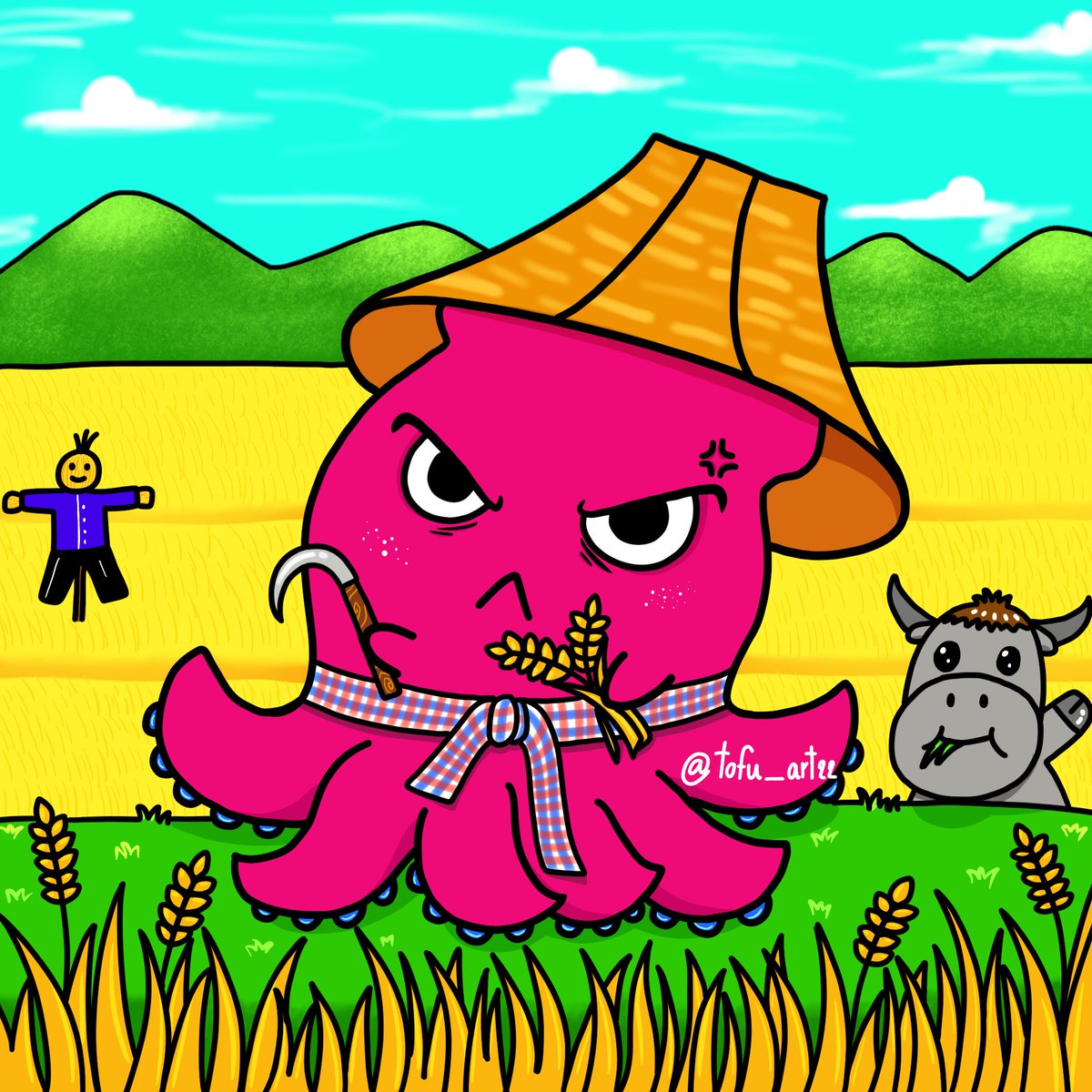 Tofu_art22's tweet photo. 🔥New drop🔥 https://t.co/lXnxZDVOM4
Angry octopus #013
Farmertopus 1 edition 

🌾The farmer takes a break from harvesting rice with his little tui tui ( his friend 🐃)

I hope you like it🌾👨‍🌾💕

#cro #crofam #nftcollector #NFTartists #NFTThaicommunity #NFTTHAILAND #NFTCommuntiy https://t.co/y526wCCSsO