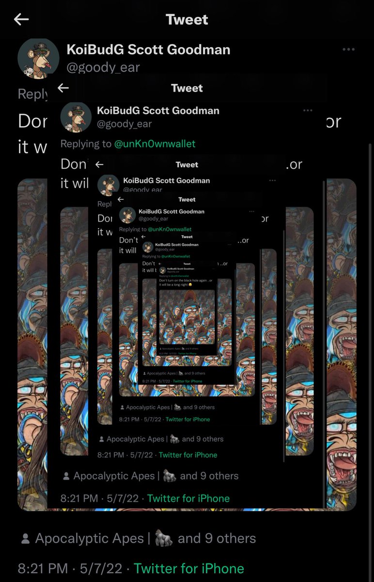 unKn0wnwallet's tweet photo. @goody_ear @apocalypticapes @AAPEQueens @TheHaddy @Fityeth @kboiciuc @royalbecketh @DJWienerNFT @SA_NFTs @creationnft_eth @KimBuc2 Love you Koi https://t.co/3UYF1M9yQ1