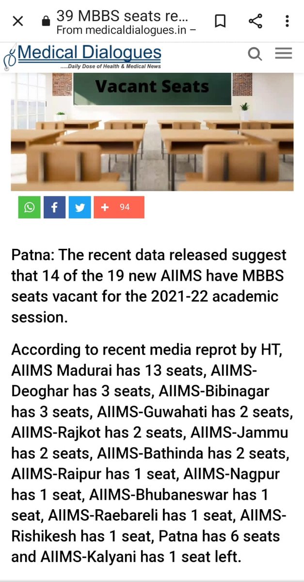 Vacant MBBS seats in 14 out of 19 AIIMS point out at flawed admission  policy! <a href="/IMA_MSNIndia/">IMA MSN HQs</a> <a href="/sinhamahesh/">Dr. Mahesh Sinha</a>
<a href="/ahpi_india/">Association of Healthcare Providers (India) - AHPI</a> <a href="/drkcpant/">Dr. KC PANT, MD</a> <a href="/DrDatta_AIIMS/">Dr. Datta M.D. (Radiology) M.B.B.S. 🇮🇳</a> <a href="/RemaNagarajan/">Rema Nagarajan</a>
<a href="/AIIMSmadurai/">AIIMS for Madurai</a> <a href="/AIIMSBhubaneswr/">AIIMS Bhubaneswar</a> <a href="/aiimsrajkot/">@AIIMSrajkot</a> <a href="/AiimsBathinda/">AIIMS Bathinda</a> <a href="/AIIMSNagpur/">AIIMS Nagpur</a> <a href="/aiimsrishi/">AIIMS RISHIKESH</a> <a href="/AIIMSPatna/">AIIMS Patna</a> <a href="/AiimsBibinagar/">AIIMS Bibinagar</a>