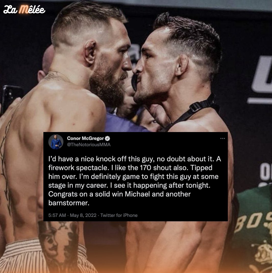 lamelee_mma's tweet photo. Conor McGregor est partant ! 🤯

« j’ai bien l’intention de me battre avec ce type dans ma carrière, encore plus après ce soir. Félicitations Michael pour cette nouvelle victoire et ce nouveau spectacle. »

#UFC274 #RMCMMA https://t.co/K1fcY52Dzh