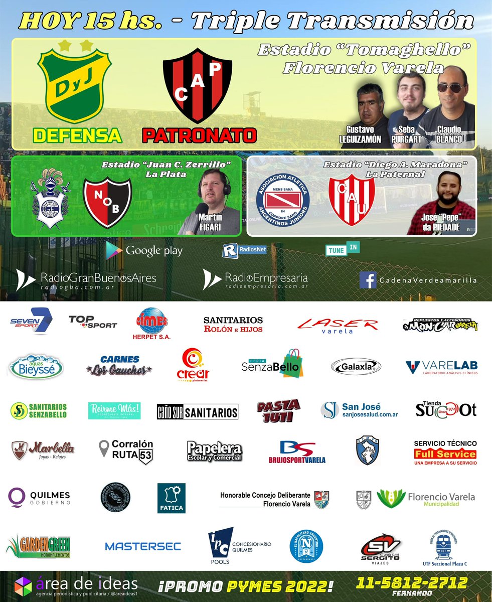 CaVerdeAmarilla's tweet photo. ⚽ DEFENSA Y JUSTICIA - PATRONATO
🏆 #CopaLPF2022 / Fecha 14
🕙 HOY 15 hs.
🎙 Relatos: @ClaudioABlanco 
🎤 Comentarios: @sebapurgart 
🎤 Vestuarios: Gustavo Leguizamón 
⚽ GIMNASIA - NEWELL'S: @martin_fig 
⚽ ARGENTINOS - UNIÓN: @dapiedade_ja 
📻 @RadioEmpresaria  y @Radio_GBA https://t.co/opM1hjbW0A