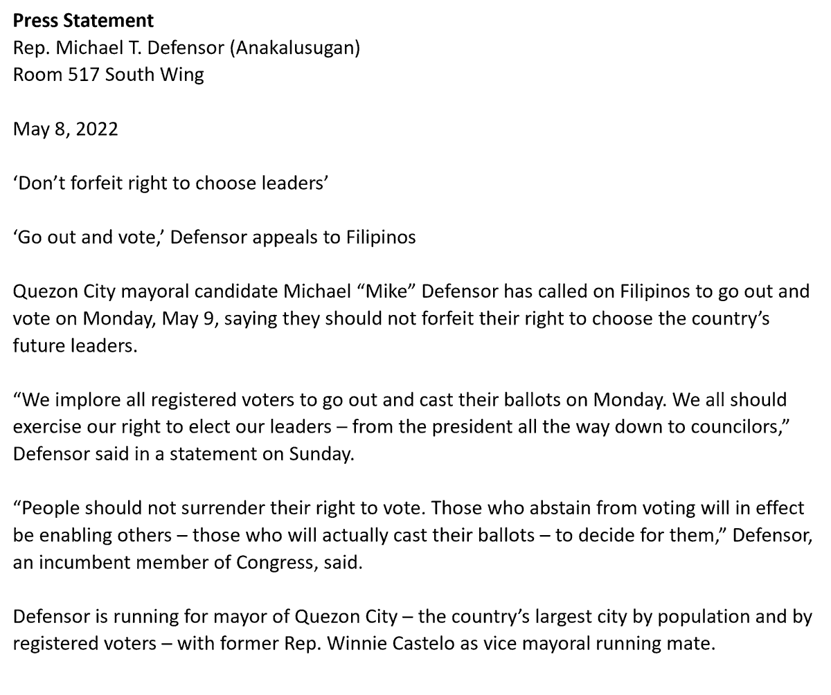 mike_defensorQC's tweet photo. Press Statement
Rep. Michael T. Defensor (Anakalusugan)

May 8, 2022

‘Don’t forfeit right to choose leaders’

‘Go out and vote,’ Defensor appeals to Filipinos

#mikedefensor
#mikedefensor2022
#4QCMayorMikeDefensor
#BabangonMuliangQC
#BBMSaraUniteam https://t.co/FlzEBn9etp