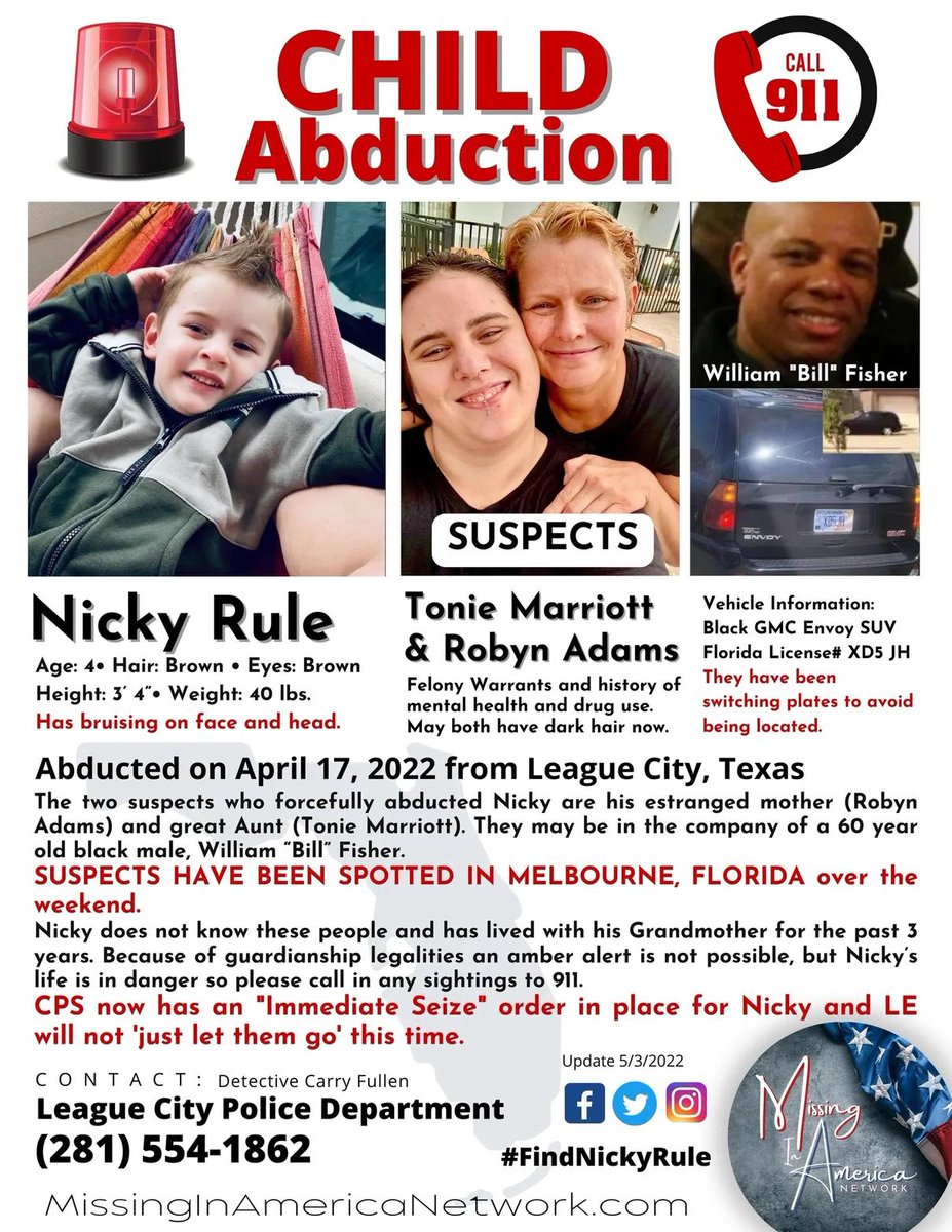 missingNamerica's tweet photo. UPDATE: Tonie Marriott has been arrested in St Augustine, FL and CPS is with Nicky now.  #FindNickyRule https://t.co/xsXZujeZGO