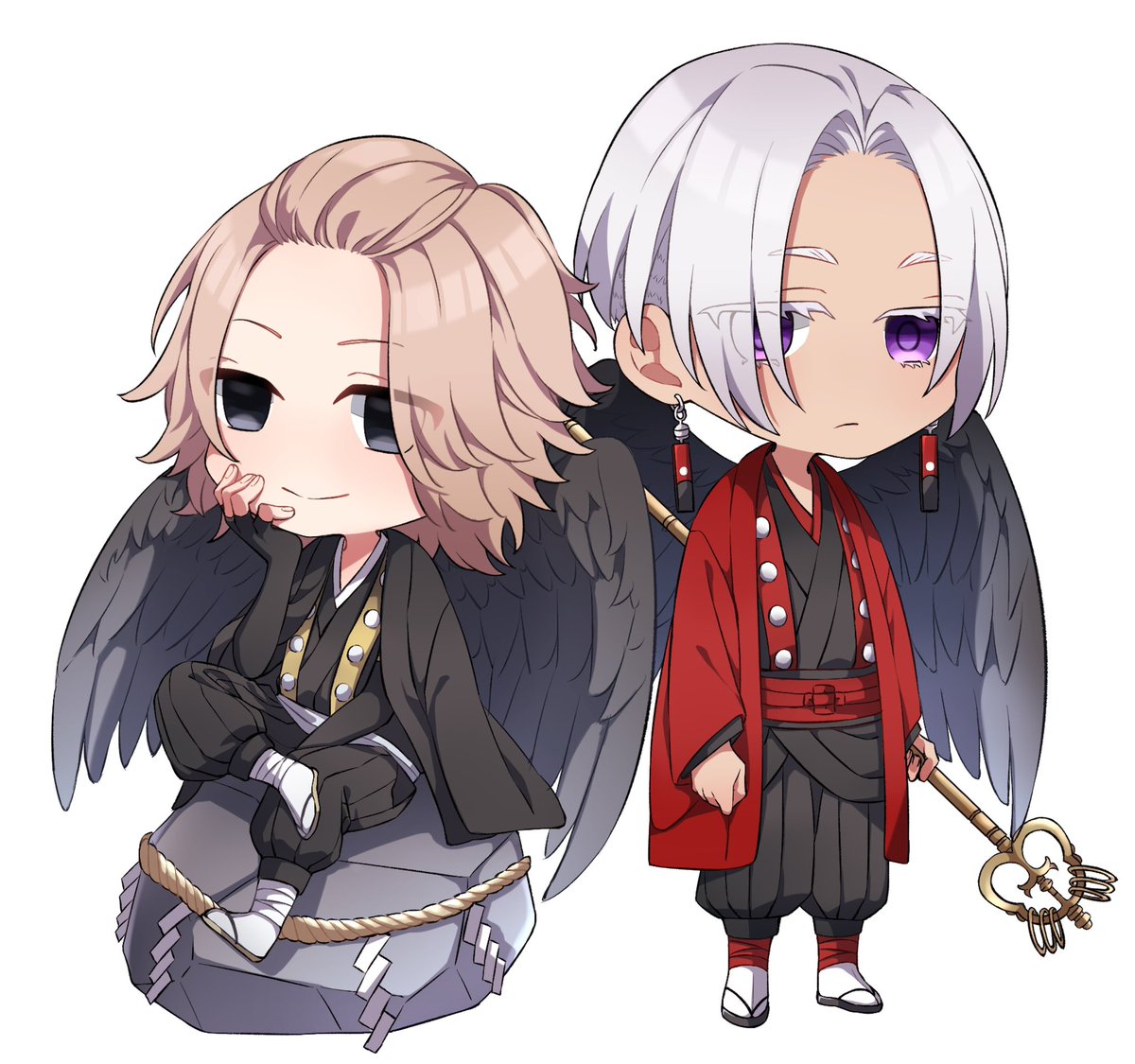 2boys wings multiple boys black wings chibi jewelry white background  illustration images