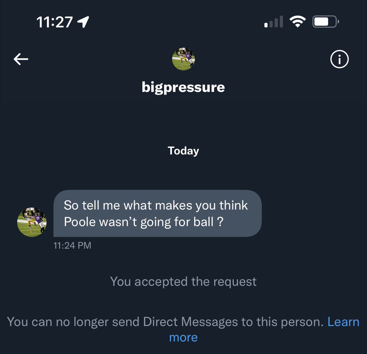 jmay11's tweet photo. Lol. Asked me a question and ask soon as I accepted his DM request he blocked me. That’s called “ducking the smoke” boys and girls. 

Also the answer to his question was “where his eyes were looking, where the ball was, where his body was and where his hands were.” https://t.co/r7XAr7jTj5