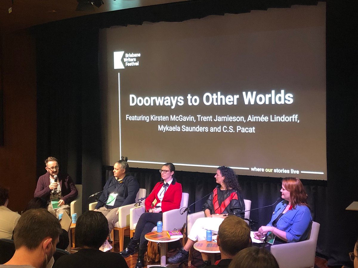 alexadsett's tweet photo. Crowd whooping like a football game for these fabulous spec fic authors: Doorways to Other Worlds with @trentonomicon #StoneRoad, Kirsten McGavin #WorldBeyond, @cspacat #DarkRise, MykaelaSaunders #ThisAllComeBackNow. #BWF60 https://t.co/KjOgj7EsO0