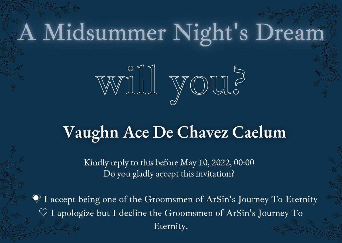84RCHIVES's tweet photo. ͏͏͏͏͏͏

⠀⠀ ͏͏͏͏͏͏ ͏͏͏͏͏͏⠀                  
 ⠀         
 ✺ — ARSIN's TO ETERNITY — ✺

   ❝ I, VAUGHN, formally accepts Archus and Elsine’s invitation to be their GROOMSMEN on the 15th of May as they pledge their everlasting love ✧.*

͏͏͏͏͏͏ https://t.co/UxISsUdkVr