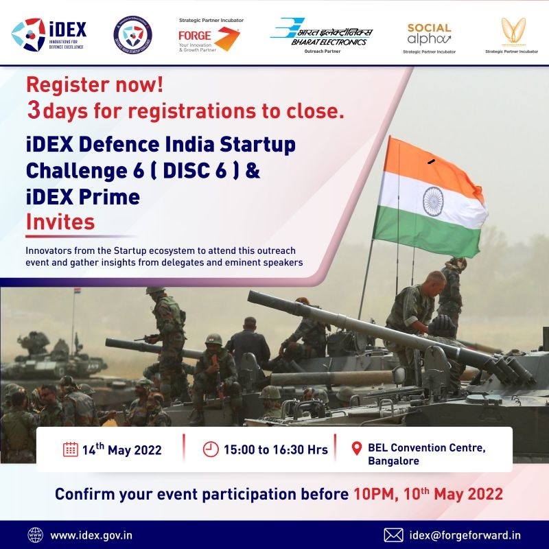 FORGE4Fauj's tweet image. iDEX DISC &amp;amp; Prime Outreach 
Enrol  before 10PM|10 May 2022 -  bit.ly/DISC6_iDEXPrime
iDEX DISC &amp;amp; Prime Outreach will startups to network with the brilliant minds in the innovation and startup ecosystem in the defence sector. 
@AIMtoInnovate

 #iDEX #DefConnect2 
@India_iDEX