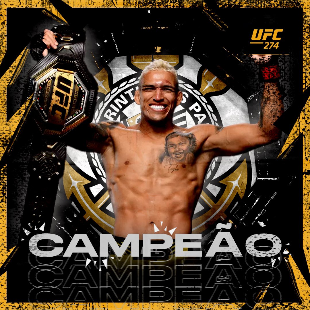 Corinthians's tweet photo. VITÓRIA ALVINEGRA!! 🏆⚫️⚪️

Charles Do Bronxs acaba de derrotar Justin Gaethje no @ufc! 

Como Charles não bateu o peso da categoria na sexta-feira, o Cinturão ficará vago até a próxima disputa.

#CharlesDoBronxs 
#VaiCorinthians https://t.co/ujZXz7e3at