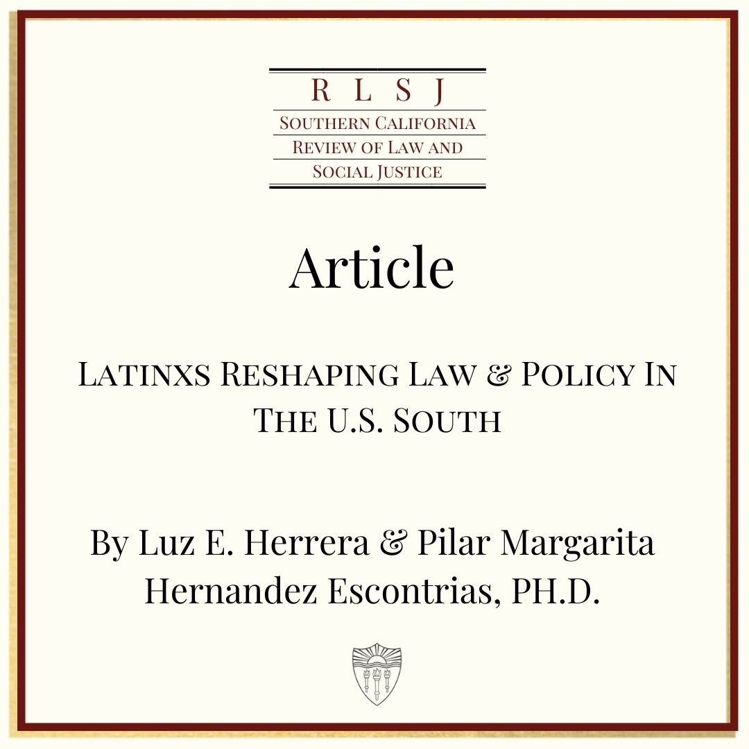 RLSJatUSC's tweet photo. New Article by Luz E. Herrera, Professor of Law and Associate Dean of Experiential Education, Texas A&amp;M School of Law, &amp; Pilar Margarita Hernandez Escontrias, Incoming Assistant Professor of Law, Seattle University, Ph.D.

Read Here: https://t.co/MB9xfbnftg https://t.co/uF5ZLTezA6