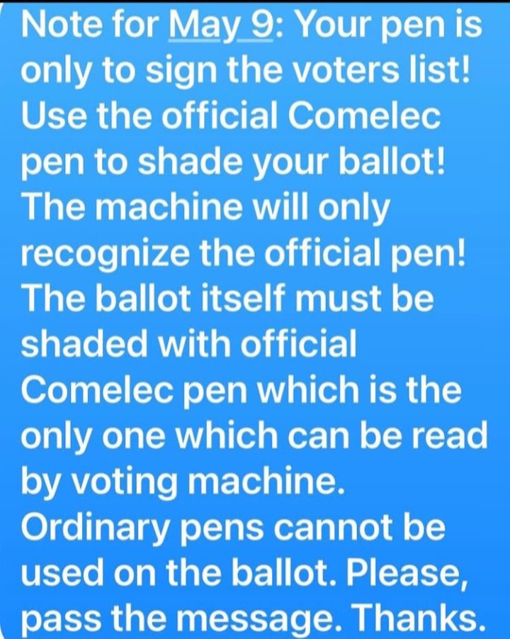 itsMeJom16's tweet photo. Note for May 9(bukas): Use the official comelec pen to shade your ballot! The machine will only recognize the official pen! 
#BBMSaraUNITEAM
#BBMSaraForTheWin
#MarcosDuterte2022 https://t.co/QIyYnJ5cbV