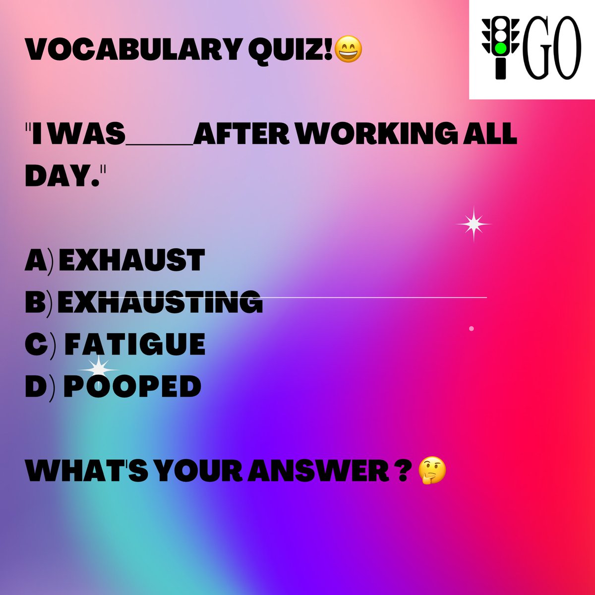 Go_English_'s tweet photo. Vocabulary quiz!
What's your answer? 🤓 

Follow Go English on YouTube for more: https://t.co/NsCY2AY5Ya

#English #StudyEnglish #ingles #anglais #toeic #toefl #ielts #英語 #英語の勉強 #英語学習 #英検 #learnenglish #learningenglish https://t.co/JHCqAKD8F6