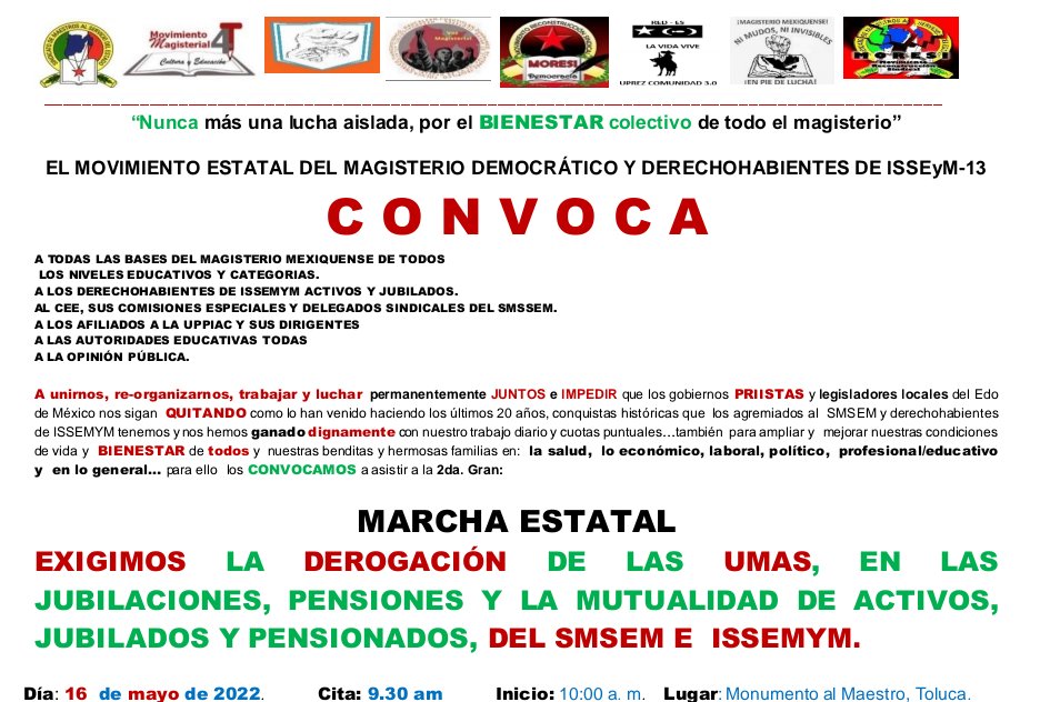 MAGISTERIOMEXIQ's tweet photo. ⚠️QUE NO TE CONFUNDAN CON OTRAS CONVOCATORIAS⚠️ ¡MOVILIZACIÓN ESTATAL 16 DE MAYO DE 2022, MONUMENTO AL MAESTR@, 9:30 A.M.!¡DEROGACIÓN DE LAS #UMAS!¡AUDITORÍA EXTERNA AL @SMSEMmx - #MUTUALIDAD- @Issemym ! ¡REFORMA ESTATUTARIA! ¡¡AUMENTO SALARIAL DIGNO!
@Legismex @alfredodelmazo https://t.co/zq8dAwgZQH