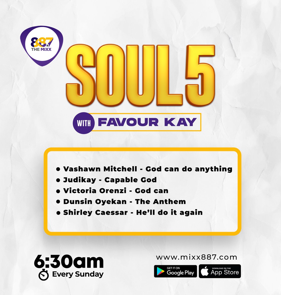 TheMixx887's tweet photo. We're starting up worshiping with this playlist @Favourkay1 put together on #Soul5. Please join this session now on #TheMixx887. Good morning. https://t.co/AR4J4Z3Pvv