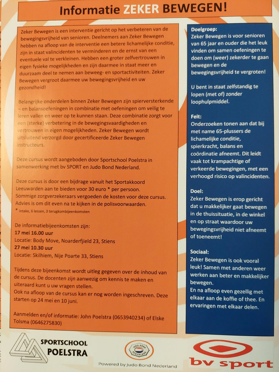 PoelstraJudo's tweet photo. We starten binnenkort in samenwerking met #jbn en #bvsport met ZekerBewegen voor senioren van 65+. Kom naar de informatie bijeenkomsten op 17 en 27 mei. https://t.co/xEvmyI3d3l