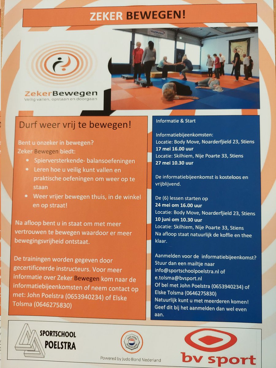 PoelstraJudo's tweet photo. We starten binnenkort in samenwerking met #jbn en #bvsport met ZekerBewegen voor senioren van 65+. Kom naar de informatie bijeenkomsten op 17 en 27 mei. https://t.co/xEvmyI3d3l