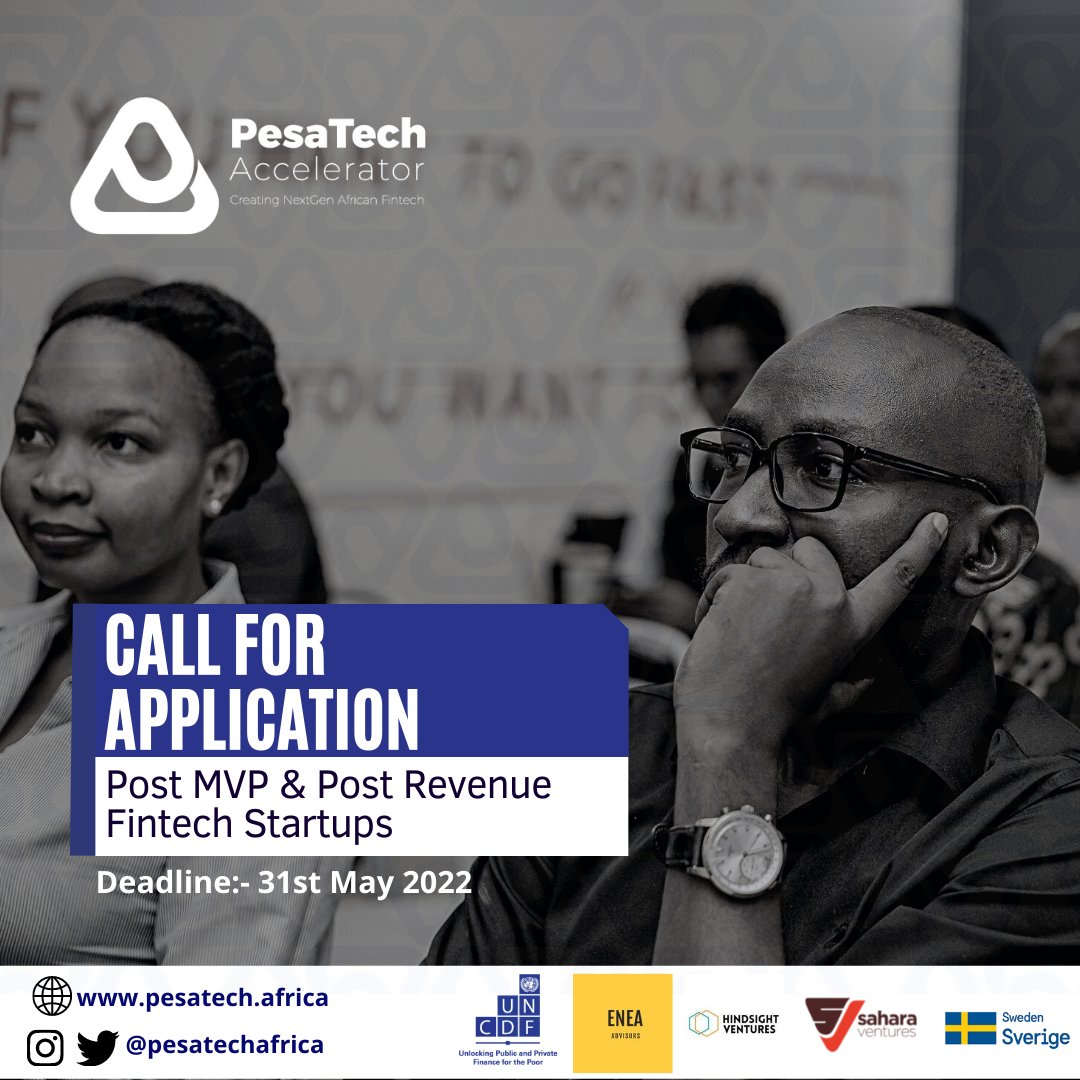 PesaTechAfrica's tweet photo. Are you a startup in the fintech space? 
Well, this is for you.
PesaTech Accelerator is open for all the Post MVP and Post Revenue Fintech Startups.
You can apply through the link on our bio.
#PesaTechAfrica #FinTechtz 
@UNCDFdigital @venturessahara @eneaadvisors @swedense https://t.co/WNsHOIagSZ