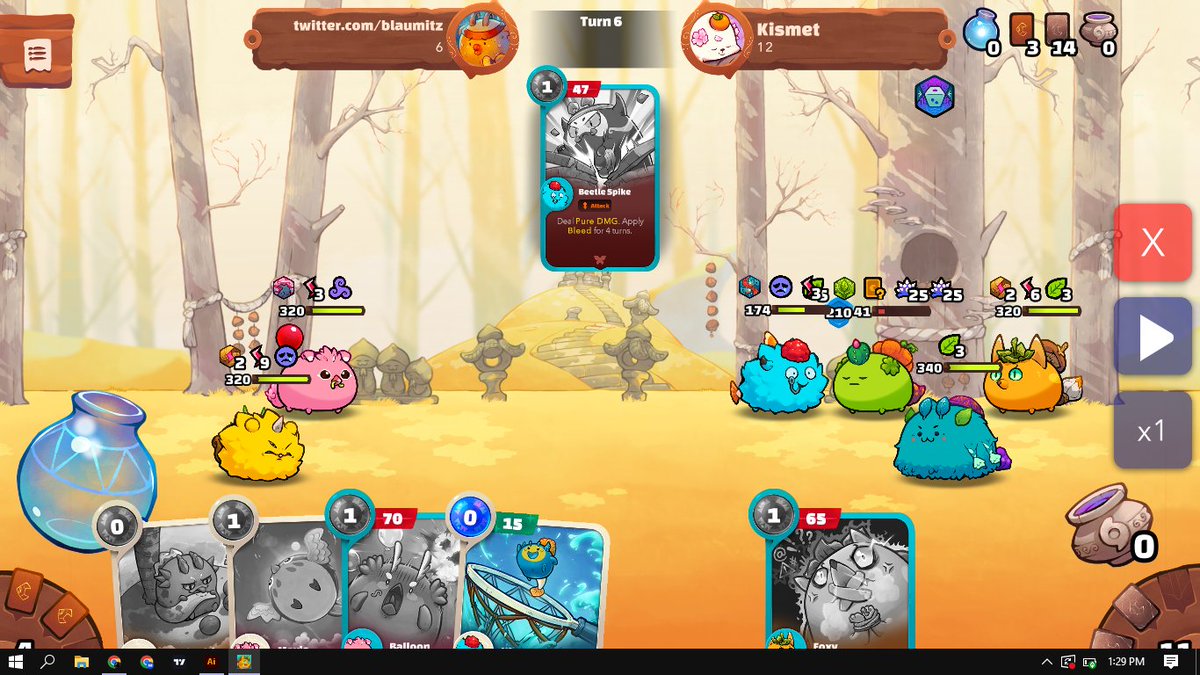 blaumitz's tweet photo. feel bad for my opponent, sorry po๐
โฎ๏ธ
t5: the opponent shield up to 210 to save his tank, only get killed by one card (pure damage)
t12: the opponent poised to enter in fury mode, then only get disarmed by 2 turns
t13: he surrendered furiously๐ while in fury mode
#AxieIsFunโจ https://t.co/DqnJaesoLn