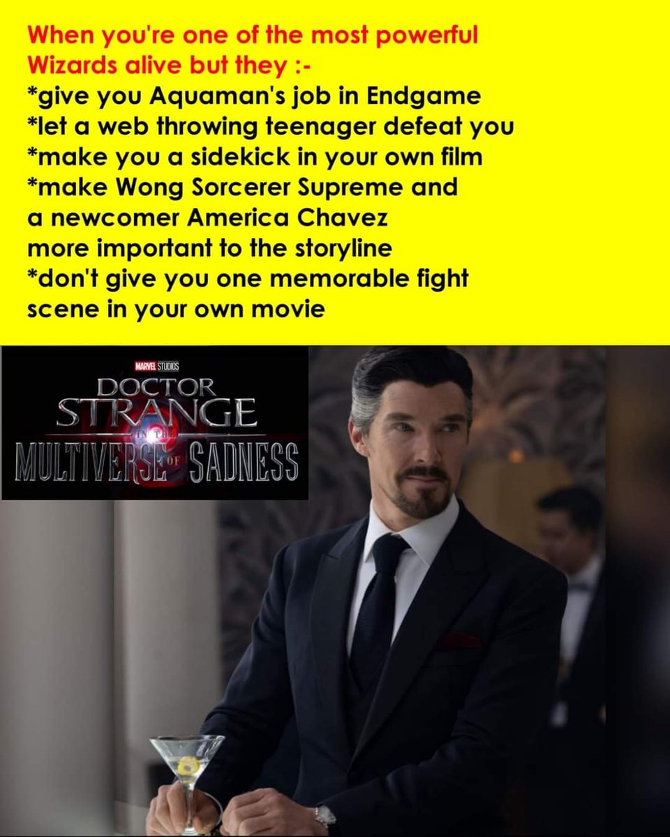 krisiddharth's tweet photo. @Kevfeige They did Dr Strange dirty in his own movie. The movie was really good but There was not one scene which felt like he was the hero in the movie. The pic pretty much sums it up. Credits: the engineer bro https://t.co/82X12nyJSy