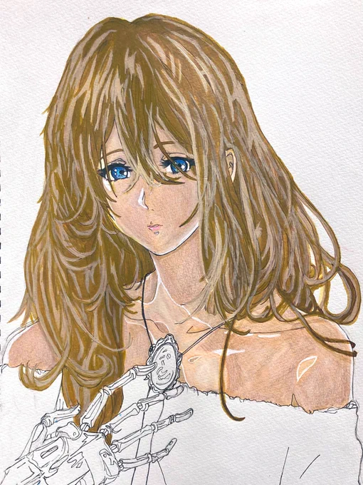 昨夜失敗したイラストを無駄にしたくなかったので午前中に近所の本屋でコピックの上から塗れるペンを探しました 大分マシになったじゃないかな? #イラスト練習中 #リキテックスマーカー #アナログイラスト #ヴァイオレット・エヴァーガーデン