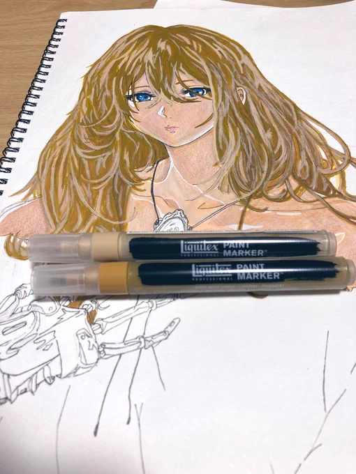 昨夜失敗したイラストを無駄にしたくなかったので午前中に近所の本屋でコピックの上から塗れるペンを探しました 大分マシになったじゃないかな? #イラスト練習中 #リキテックスマーカー #アナログイラスト #ヴァイオレット・エヴァーガーデン