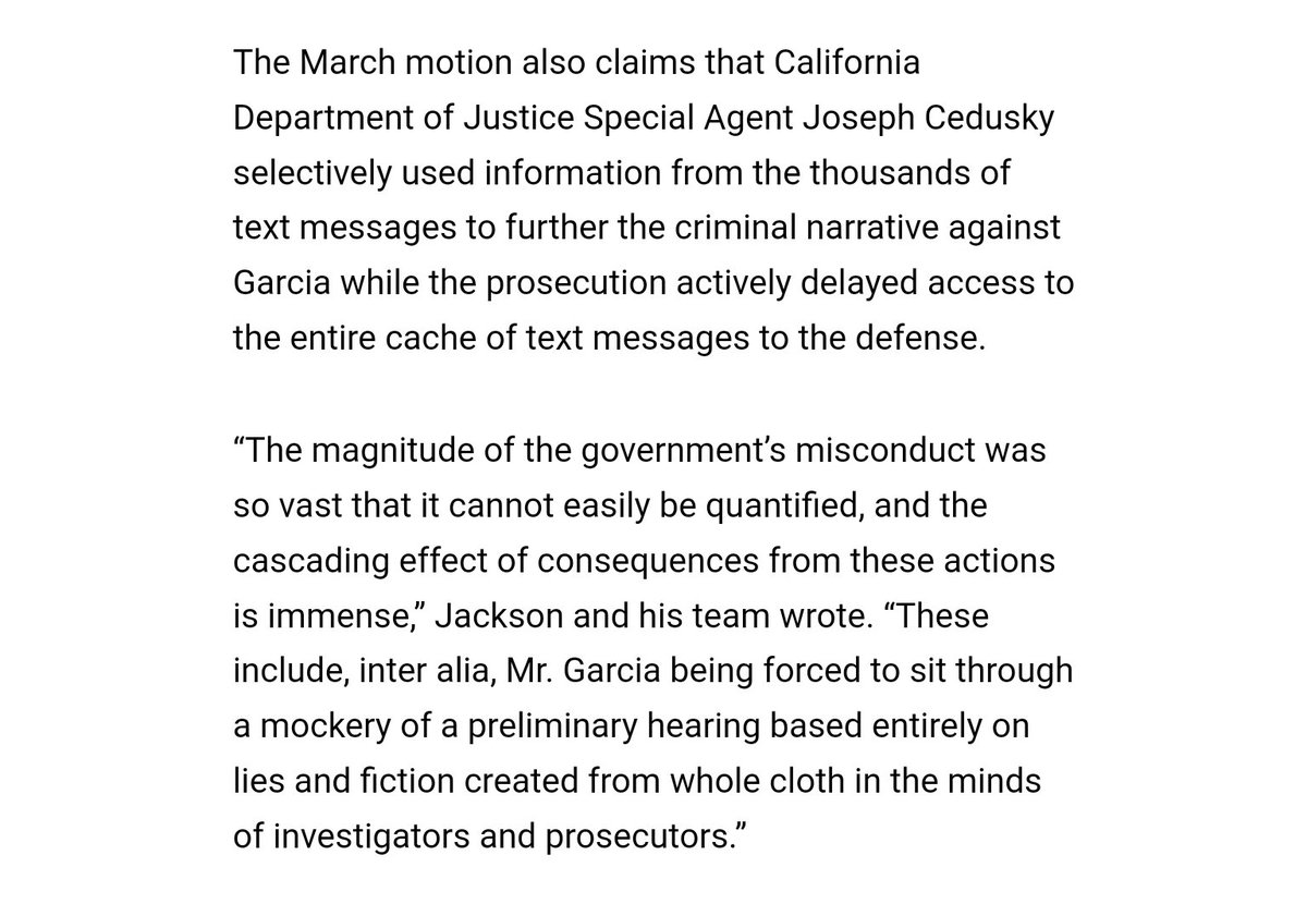 BigvaiEstrada's tweet photo. Jackson &amp; his team wrote. “These include, inter alia, Mr. Garcia being forced to sit through a mockery of a preliminary hearing based entirely on lies &amp; fiction created from whole cloth in the minds of investigators and prosecutors.”

https://t.co/i29QEqZGNw

#NaasonJoaquinGarcia https://t.co/y6ug19ELsJ