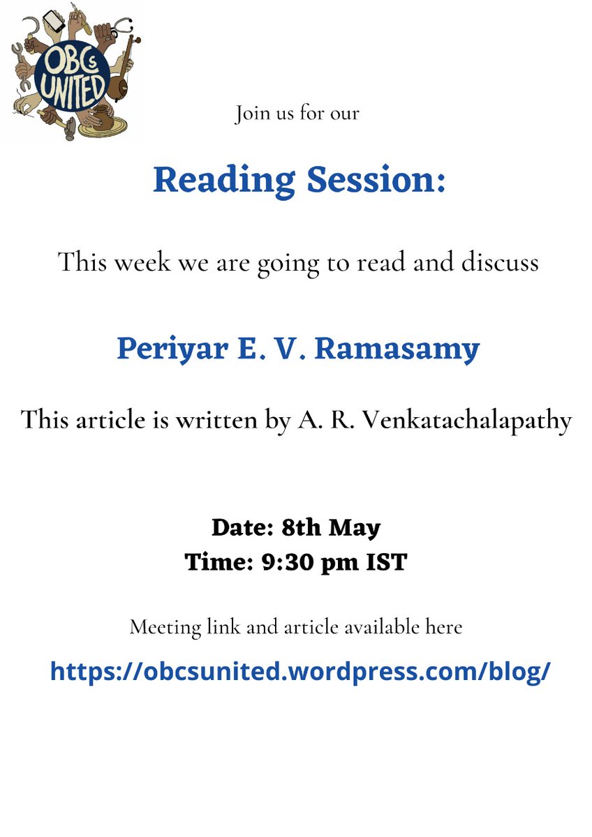 OBCsUnited's tweet photo. We will be discussing "Periyar E.V. Ramasamy" by A.R. Venkatachalapathy from 9.30PM IST.

Reading and meeting details on the blog (link in description). https://t.co/wBk7jHOrpN