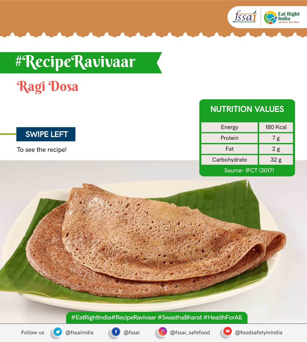 fssaiindia's tweet image. Rich in protein this healthy and nutritious ragi dosa can be served with chutney or sambhar. 
Try out the recipe today!

#RecipeRavivaar
#Ragi
#IYoM2023

@MoHFW_INDIA @MIB_Hindi
@mygovindia @AmritMahotsav