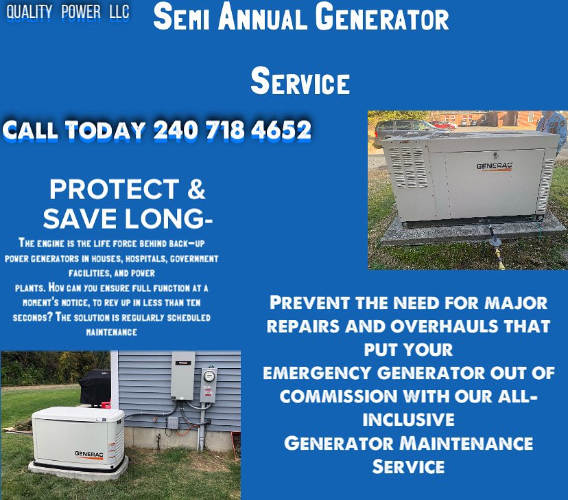 Prevent the need for major repairs and 
overhauls that put your emergency generator out of commission with our all-inclusive Generator Maintenance Service

Give us a call today at240 718 4652 for a free estimate 

#qualitypower #dmv #electrician #renovations #light #installation