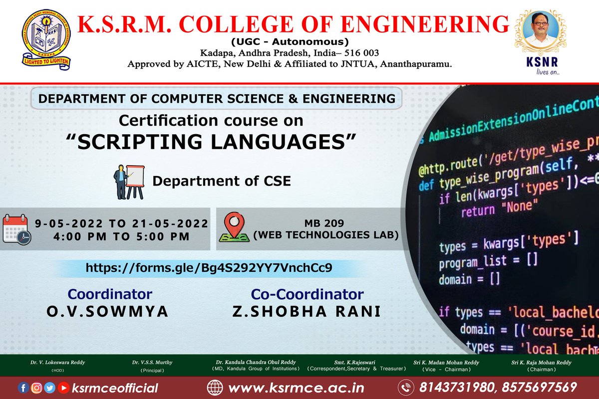 ksrmceofficial's tweet image. Department of CSE organizing Certificate course on Scripting languages from 9 - 22 May 2022
#ksrmcse #scriptinglanguages #KSRM #ksrmce #kandulagroups #engineering #kadapa #ksrmceclubs #jntua #AICTE #aishe #apsche #IntiativesofMHRD