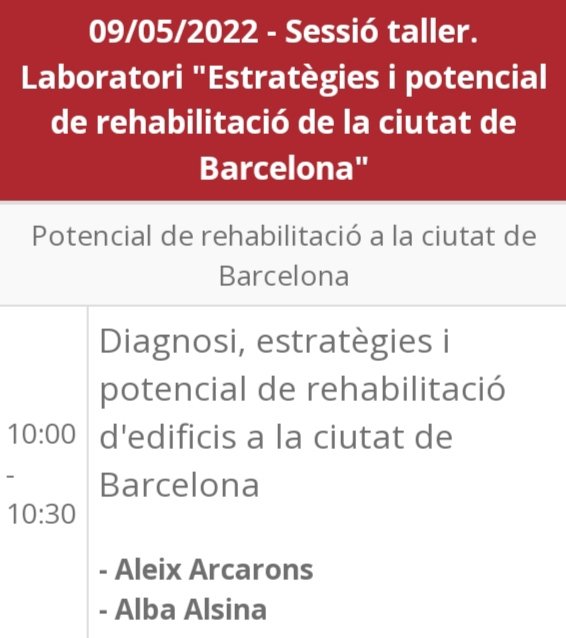 ricard gomà (@ricardgoma) on Twitter photo Demà dilluns 9 de maig, Taller sobre el Laboratori d'Estratègies i Potencial de Rehabilitació a la ciutat de Barcelona <a href="/OMHBcn/">Observatori Metropolità Habitatge de Barcelona</a> @iermbcn 👇
cuimpb.cat/ca/curs/248-po… Demà dilluns 9 de maig, Taller sobre el Laboratori d'Estratègies i Potencial de Rehabilitació a la ciutat de Barcelona <a href="/OMHBcn/">Observatori Metropolità Habitatge de Barcelona</a> @iermbcn 👇
cuimpb.cat/ca/curs/248-po…