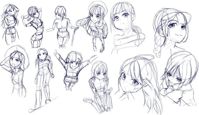 アオリとフカンのれんしう。正面や斜めと同じノリで描くと何かが狂います。
上を向いているときは、あごを正確に描くと微妙になるから、首までの繋がりで表現して、境界線は入れないとよくなる、だったはず。 