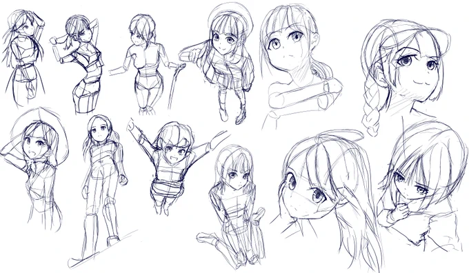 アオリとフカンのれんしう。正面や斜めと同じノリで描くと何かが狂います。
上を向いているときは、あごを正確に描くと微妙になるから、首までの繋がりで表現して、境界線は入れないとよくなる、だったはず。 