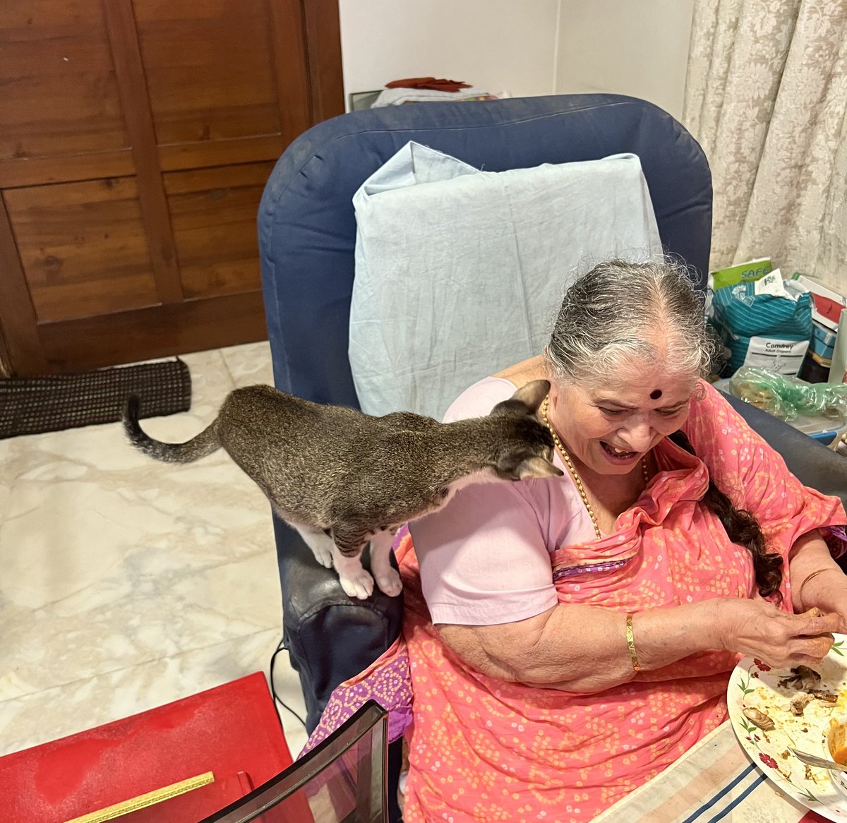 sachin_rt's tweet photo. We may have a thousand worries in the world, but our mother’s main worry will still remain whether we’ve had food on time. Such is a mother’s love! 

Here’s my Aai with our adopted cat. They share a special bond - he has his meals only when Aai is having hers 😊 

#MothersDay https://t.co/2m8jSdm0QD