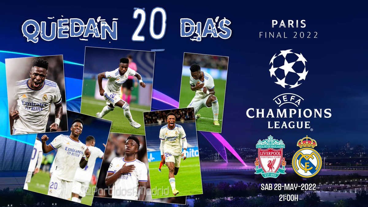 PartidosRMadrid's tweet photo. ⏳ QUEDAN 2⃣0⃣ DÍAS ⌛️
#APorLa14 #FinalParis #HalaMadrid #ChampionsLeague https://t.co/NftjPIbtee