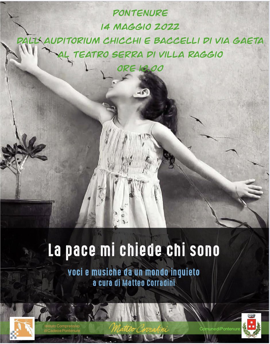 Evento rimandato al 14 maggio ore 10,00 presso la sala Chicchi e baccelli #iccadeoponte della scuola primaria #viaGaeta con Matteo Corradini e gli studenti classi terze #secondaria, in seguito al Teatro Serra. Voci e musiche da un mondo inquieto. Evento aperto alla cittadinanza