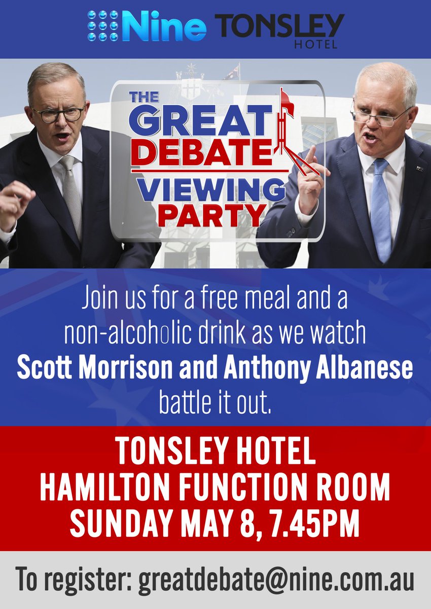9NewsAdel's tweet photo. FREE meal and a debate? We’ll treat you to it tonight at the Tonsley Hotel.

Register now to join us at 7:45pm. #9News

READ MORE: https://t.co/oWUoFPXbjW https://t.co/TUOwV9CwRh